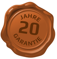 Ein Bild einer Wachssiegelung mit dem Text 20 Jahre Garantie.