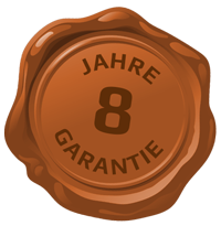 Ein Bild einer Wachssiegelung mit dem Text 8 Jahre Garantie.